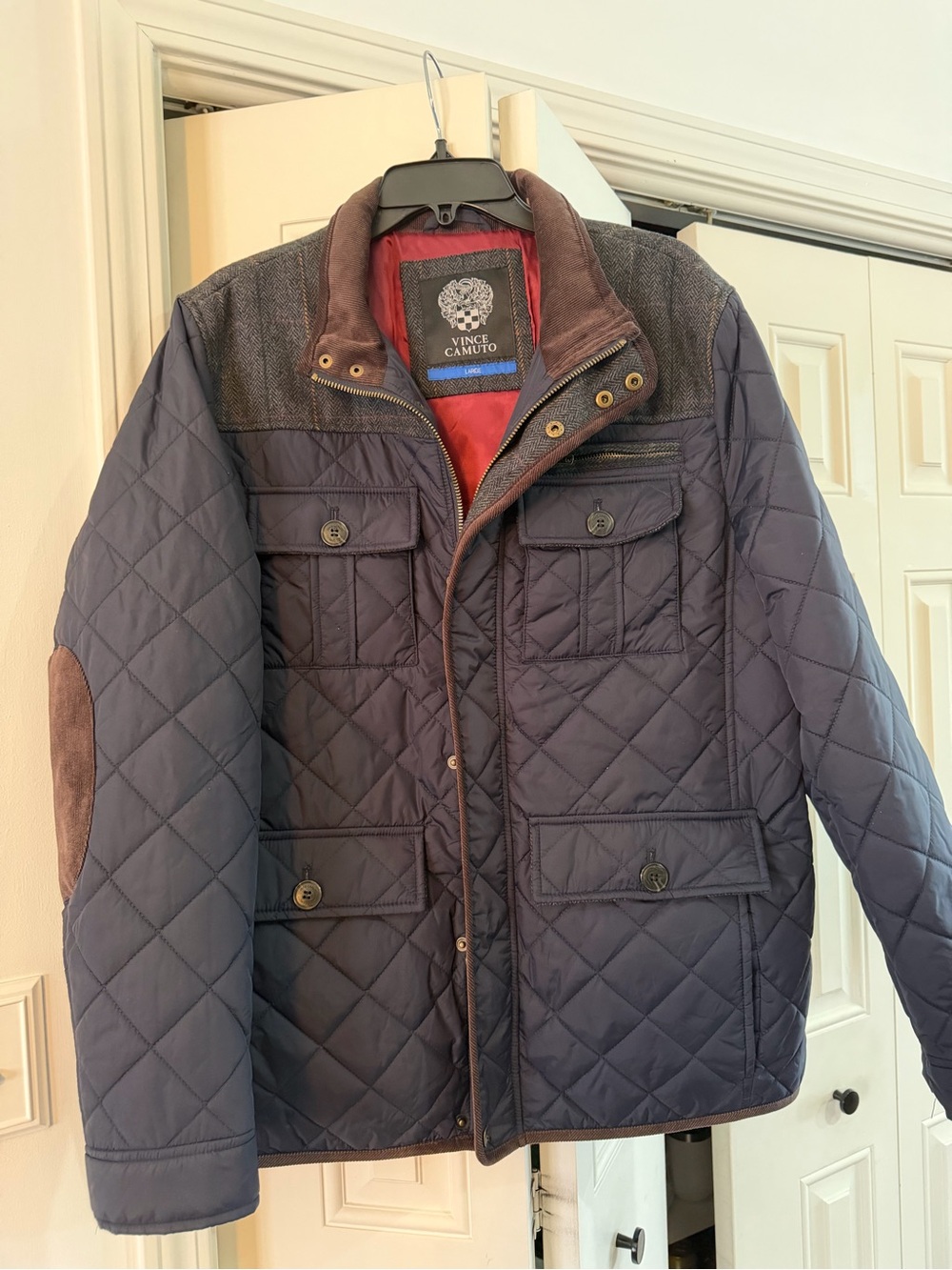 Vince Camuto Navy Quilted Jacket with Brown Accents